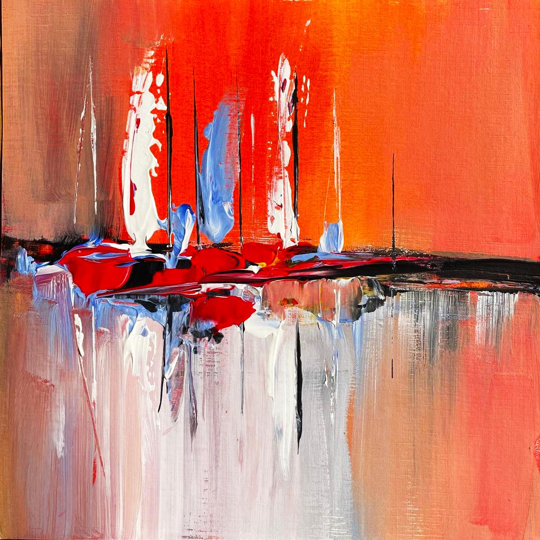 Voiles Ardentes – peinture marine contemporaine de Michaël Lefèvre représentant des voiliers colorés sous une lumière dorée, huile sur papier toilé 20 × 20 cm.